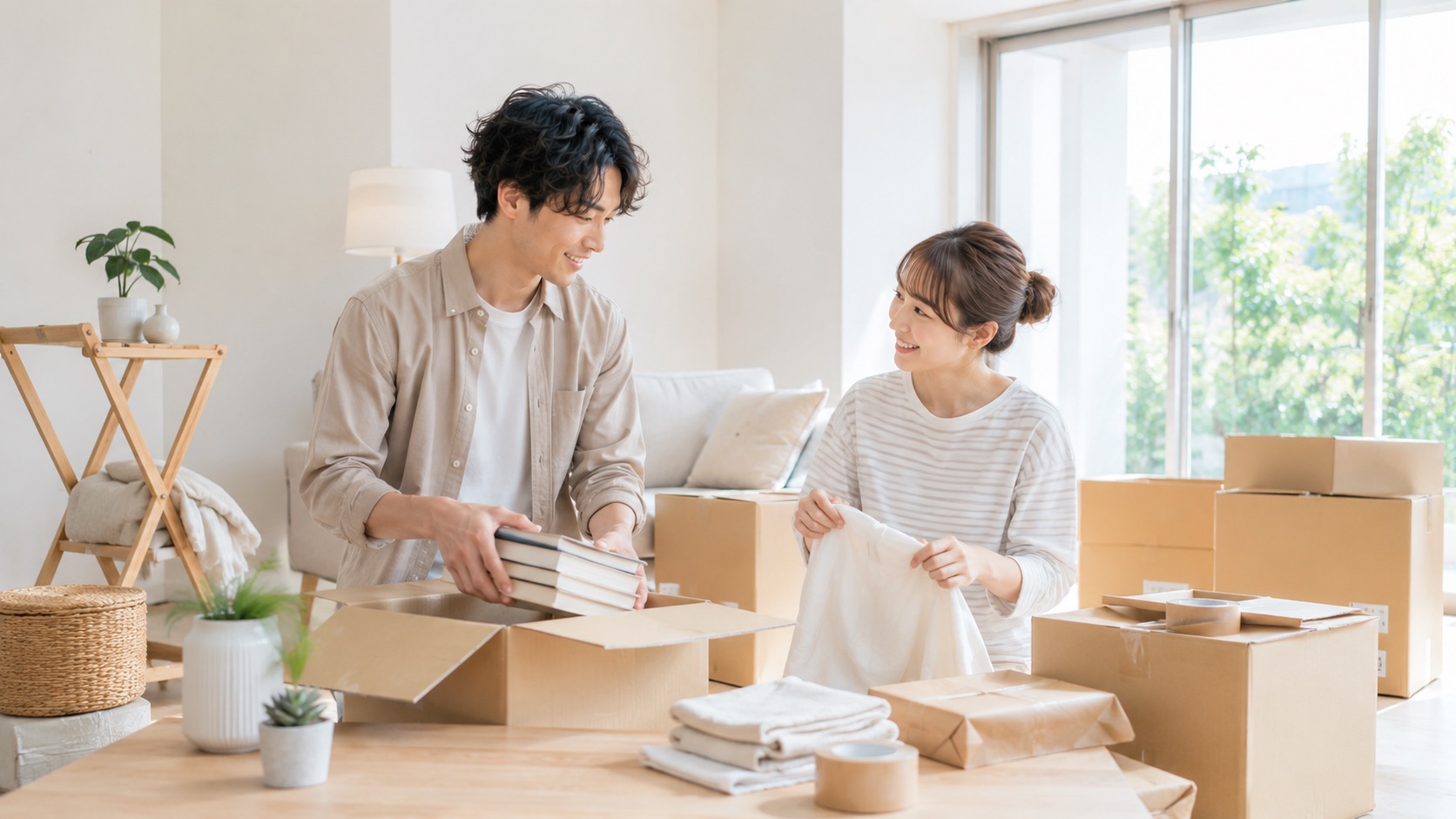 新居でダンボールを開けるふたり