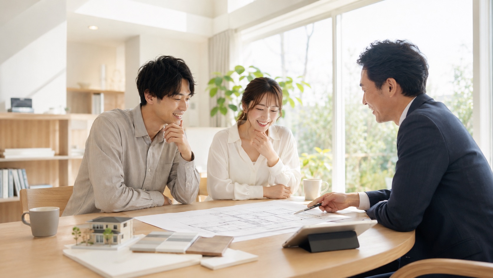 マイホームの図面を相談するふたり