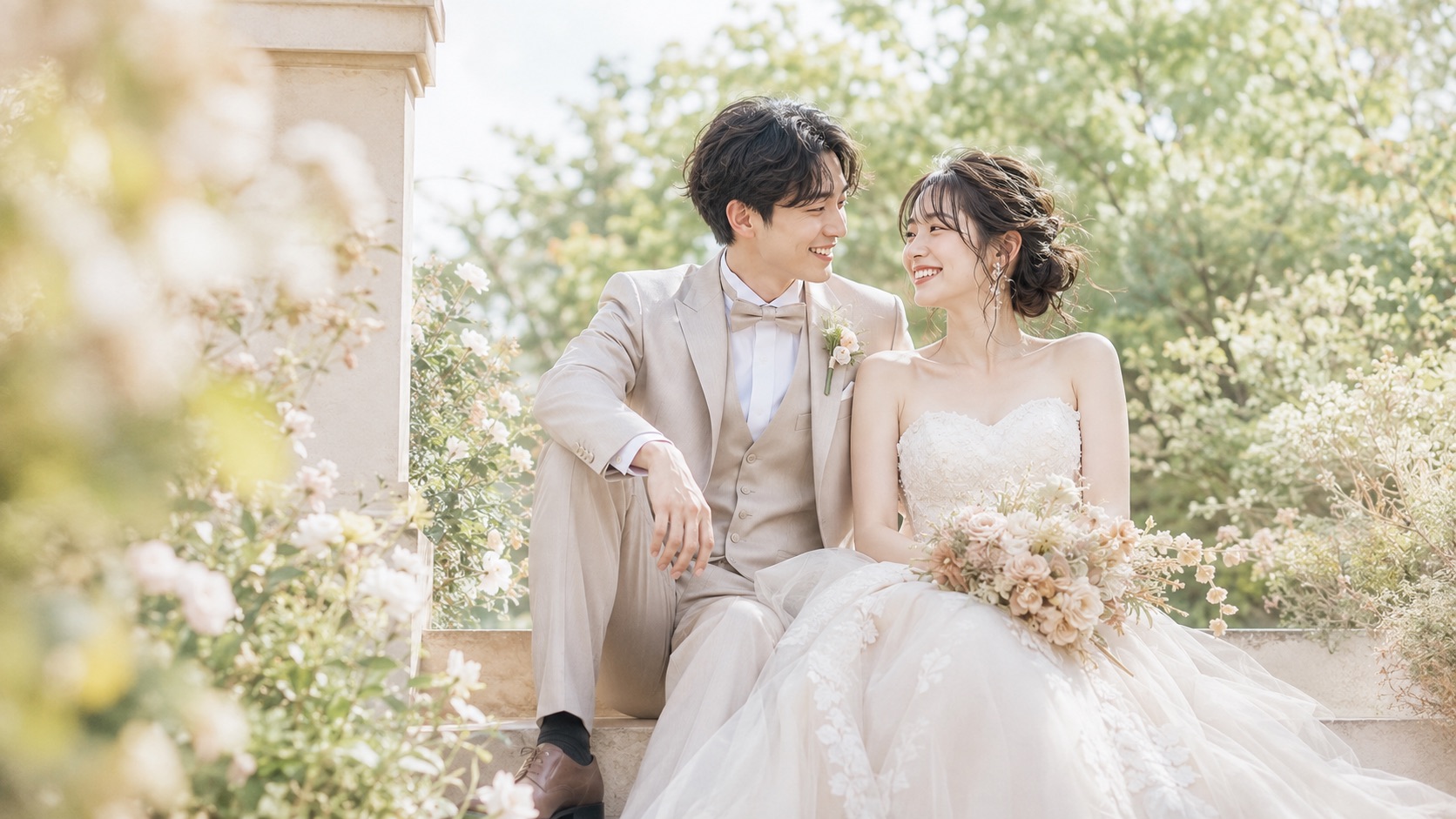 ロケーションフォトを撮影する新郎新婦